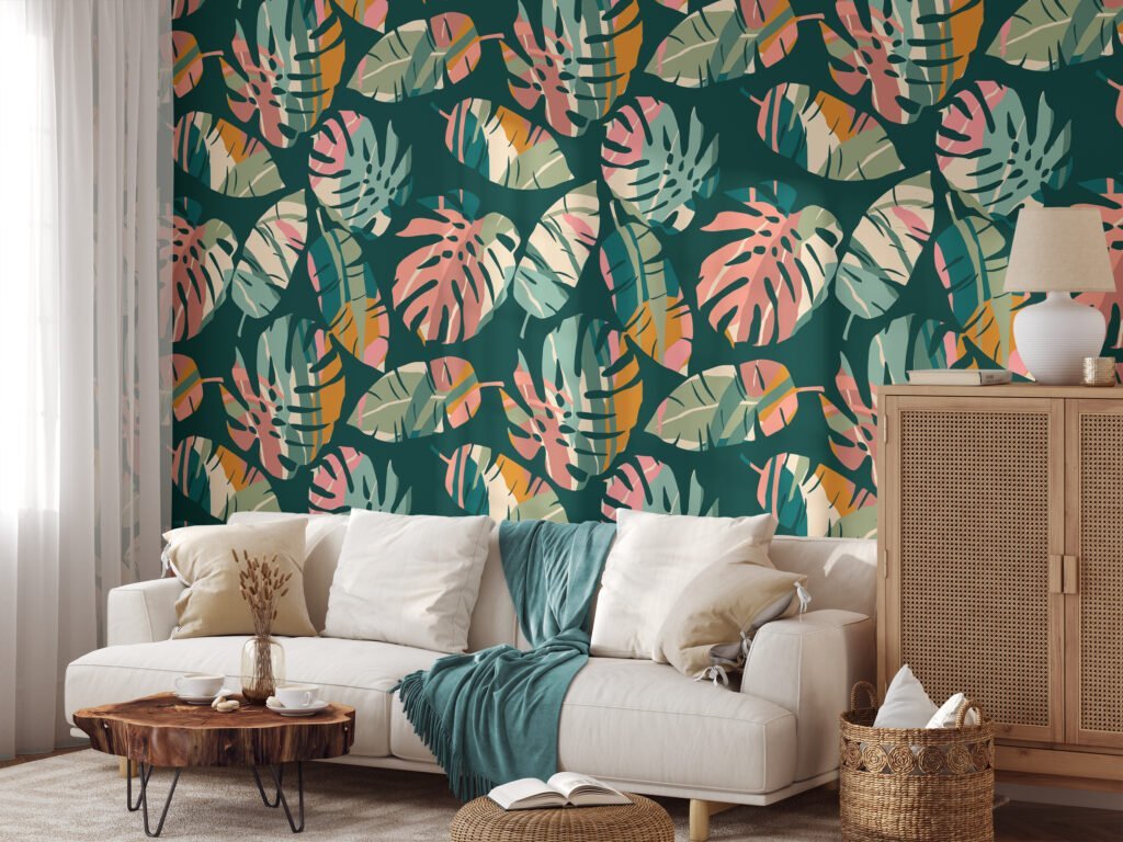 Large Tropical Abstract Monstera Leaves Illustration Wallpaper, Modern Tropical Design Peel & Stick Wall Mural