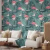 Large Monstera Leaves Line Art With Pink Flamingos Illustration Wallpaper, Chic Flamingo Peel & Stick Wall Mural