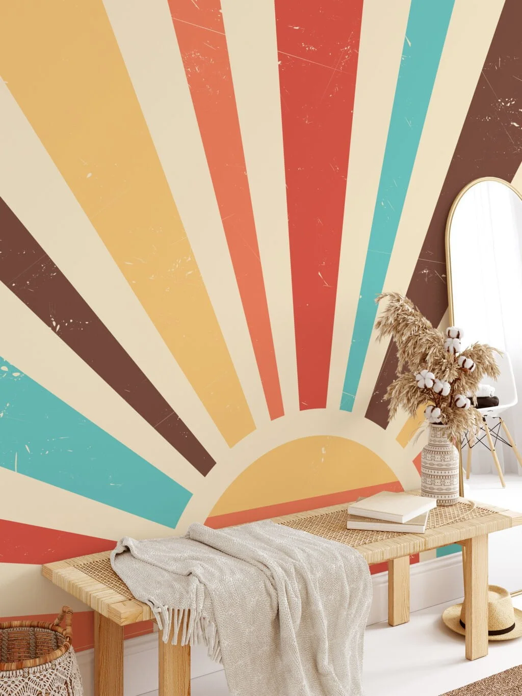 Colorful Retro Sunset Illustration Wallpaper, Abstract Sunbeam Pattern Peel & Stick Wall Mural