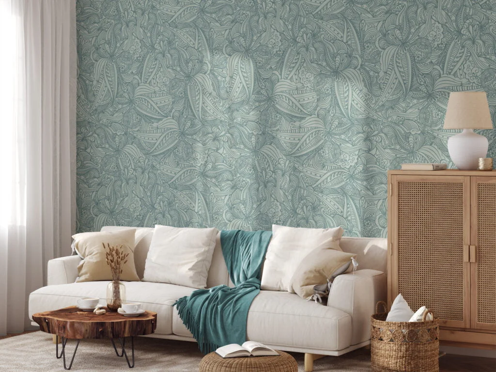 Damask Line Art Wallpaper With Mint Background Wallpaper, Elegant Pastel Peel & Stick Wall Mural