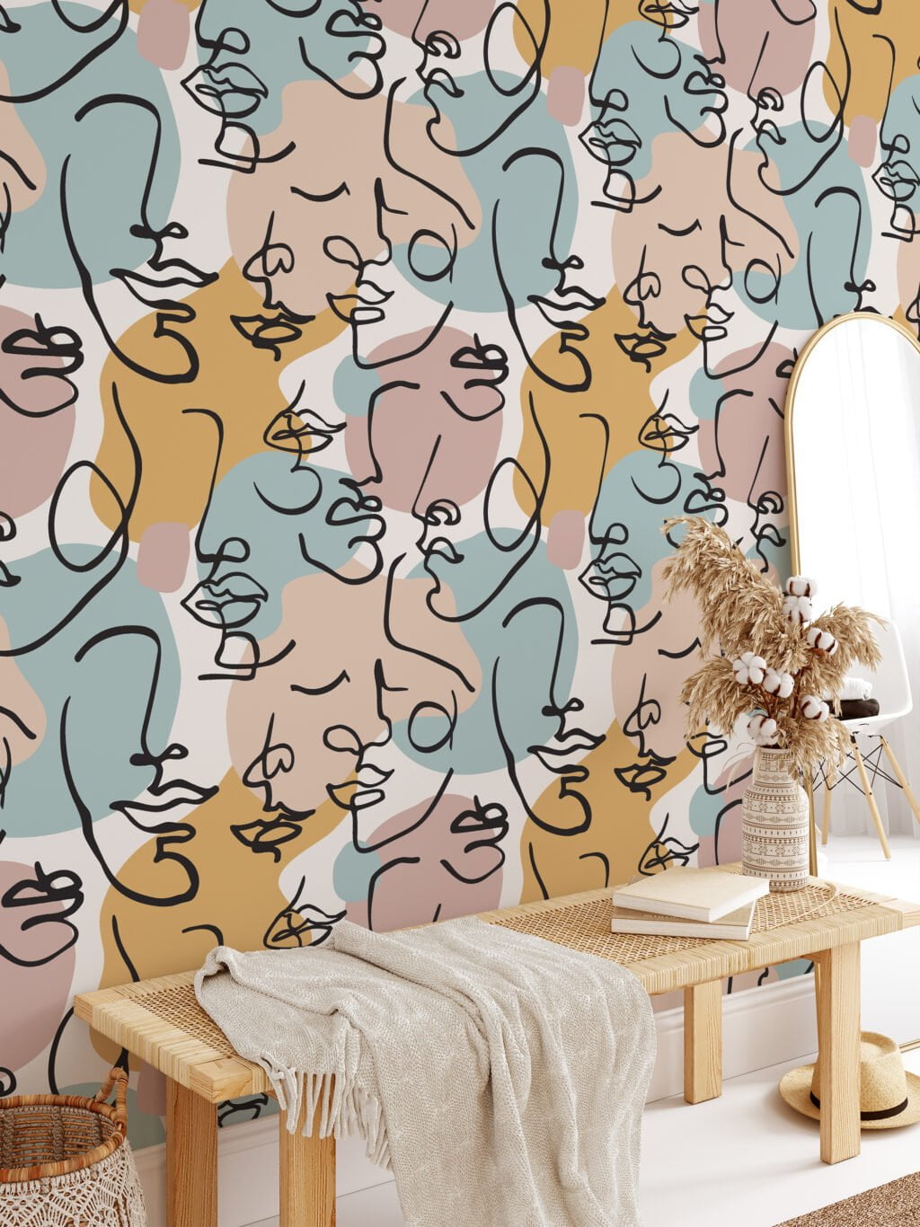 Abstract Human Face Design Pattern Wallpaper, Modern Faces Collage Peel & Stick Wall Mural