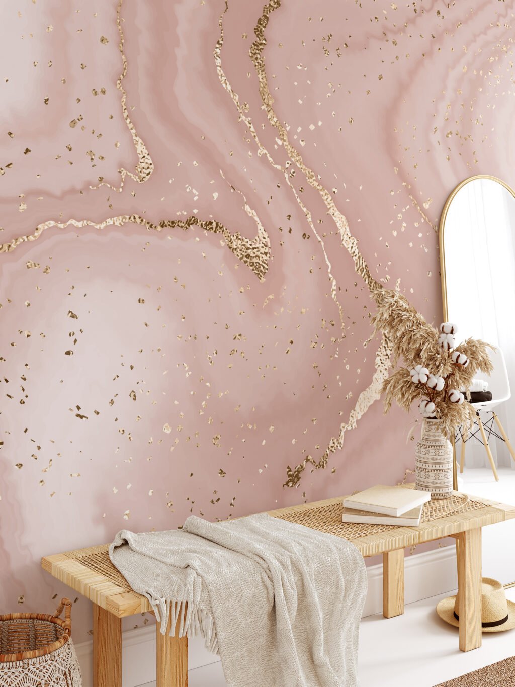 Large Beige Rose Gold Marble Swirls Illustration Wallpaper, Blush Pink Marble Peel & Stick Wall Mural