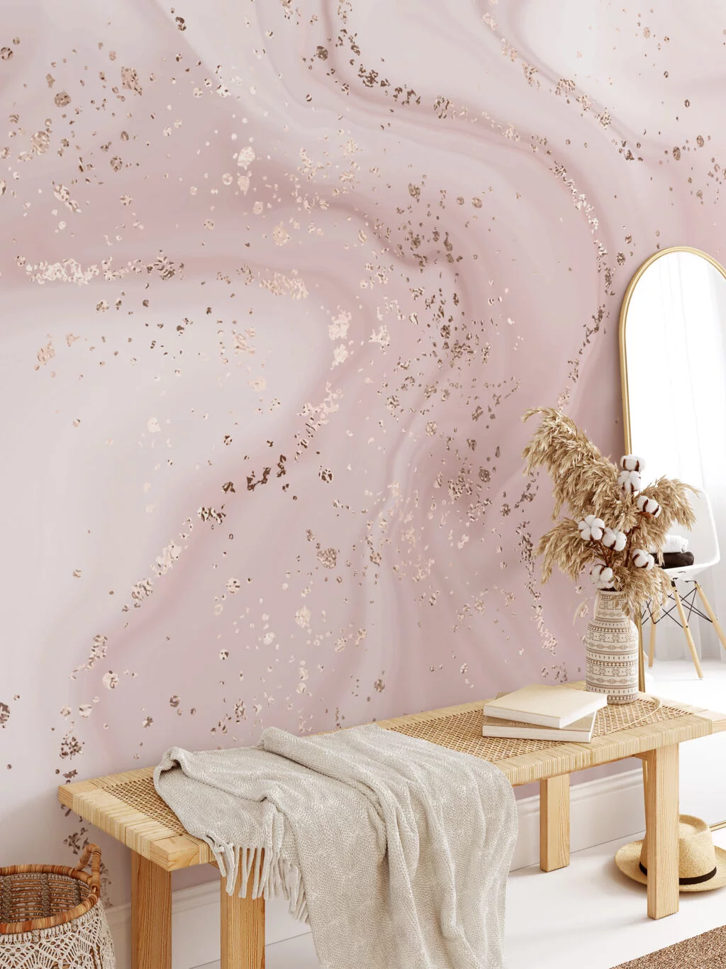 Nude Rose Gold Wavy Marble Effect Wallpaper, Whispering Blush Marble Peel & Stick Wall Mural