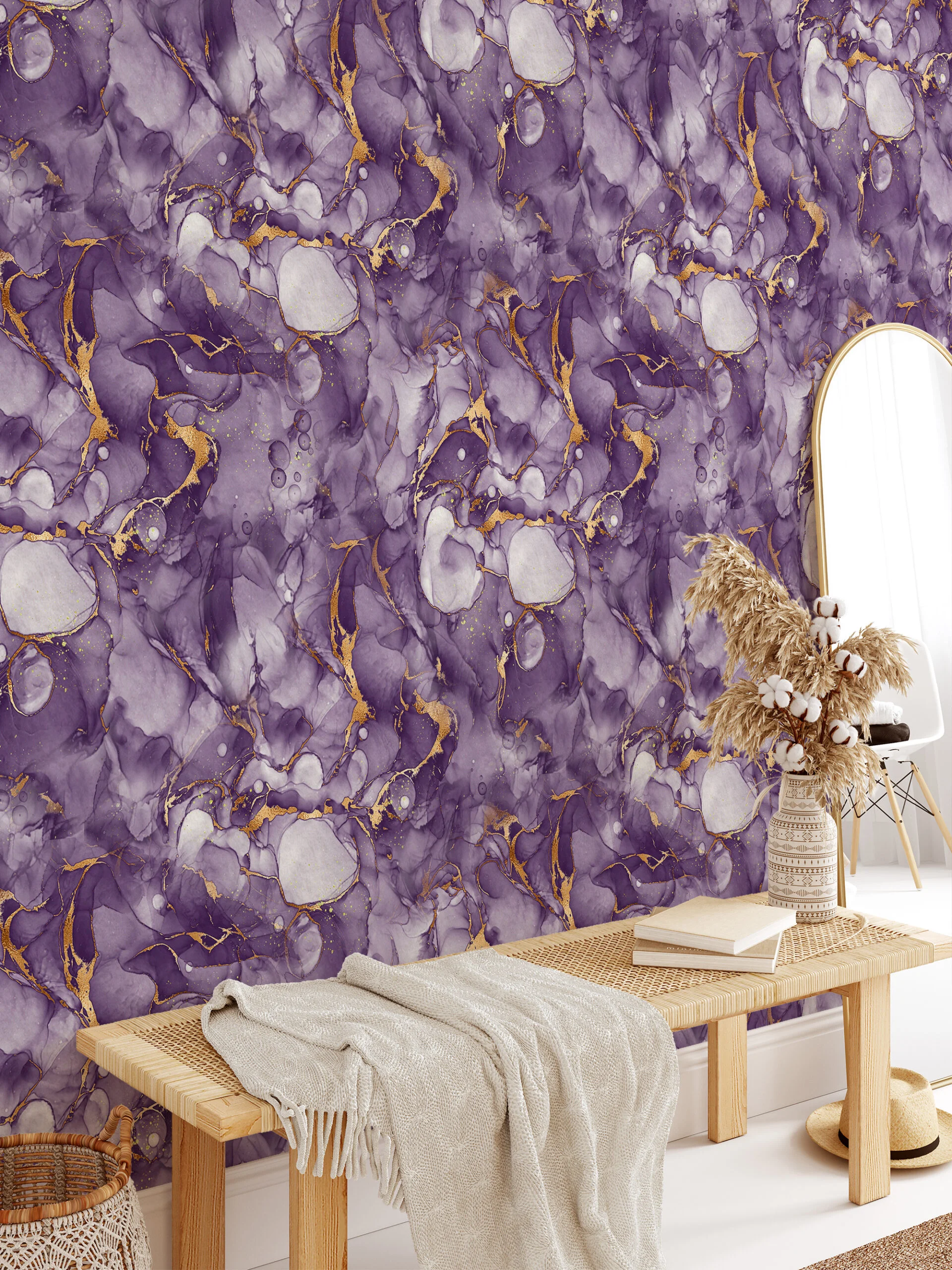 Purple And Gold Alcohol Ink Art Marble Wallpaper, Ethereal Purple Marble Peel & Stick Wall Mural