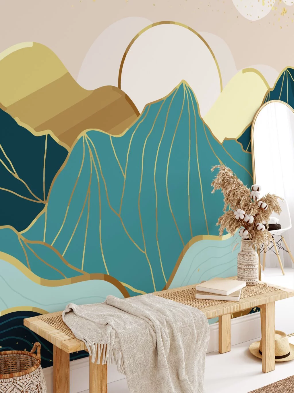 Modern Abstract Mountains Wallpaper With A Minimalistic Sunset, Stylized Landscape Peel & Stick Wall Mural