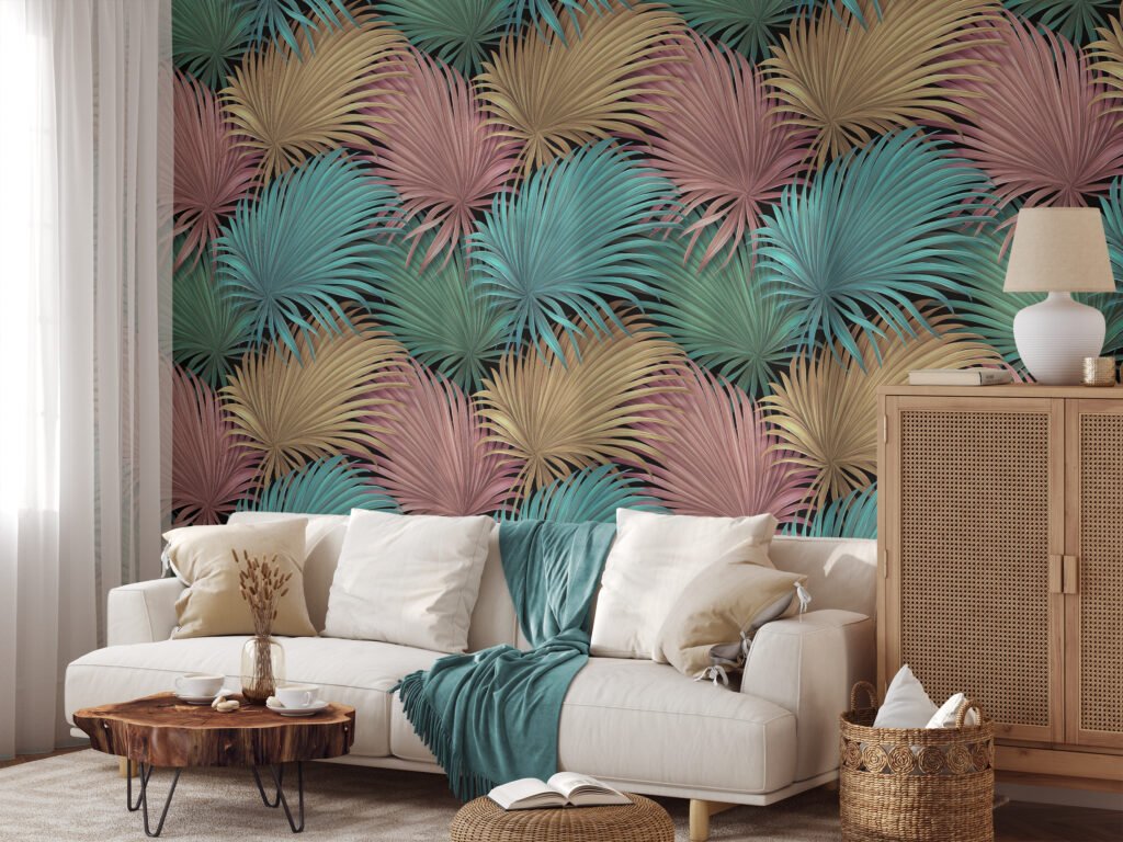 Tropical Pastel Leaves On A Dark Background Wallpaper, Abstract Tropical Leaves Peel & Stick Wall Mural