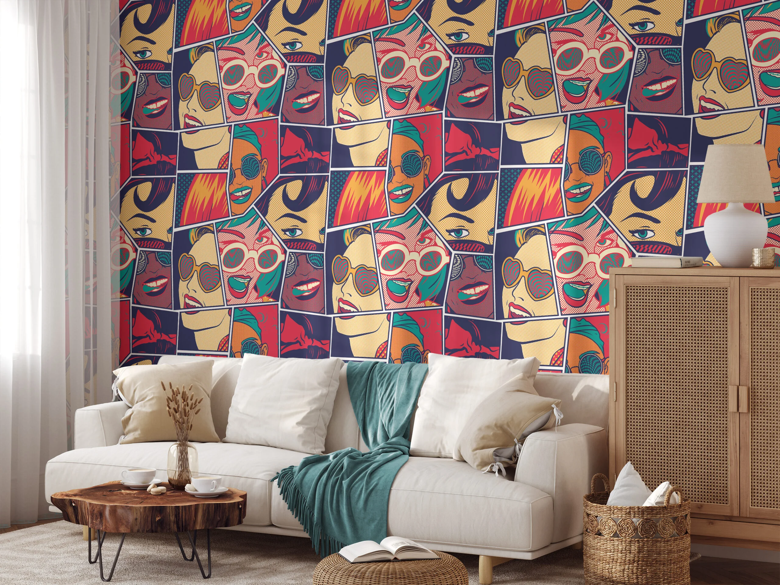 Retro Comic Book Pages With Faces Pattern Illustration Wallpaper, Retro Pop Art Faces Peel & Stick Wall Mural