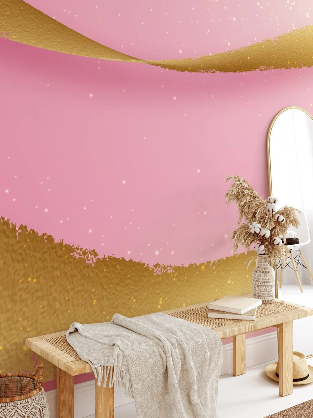 Large Pink Background With Golden Waves and Sparks Wallpaper, Luxury Abstract Peel & Stick Wall Mural