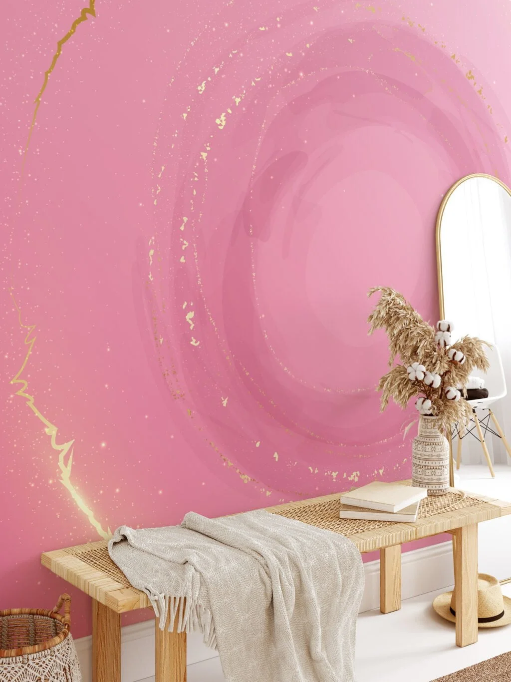 Large Pink Wallpaper With a Centered Circle Design, Abstract Cosmic Pink Swirl Peel & Stick Wall Mural