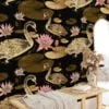 Large Gold Colored Lily Pads And Swans With A Dark Background Wallpaper, Vintage Black & Gold Elegance Peel & Stick Wall Mural