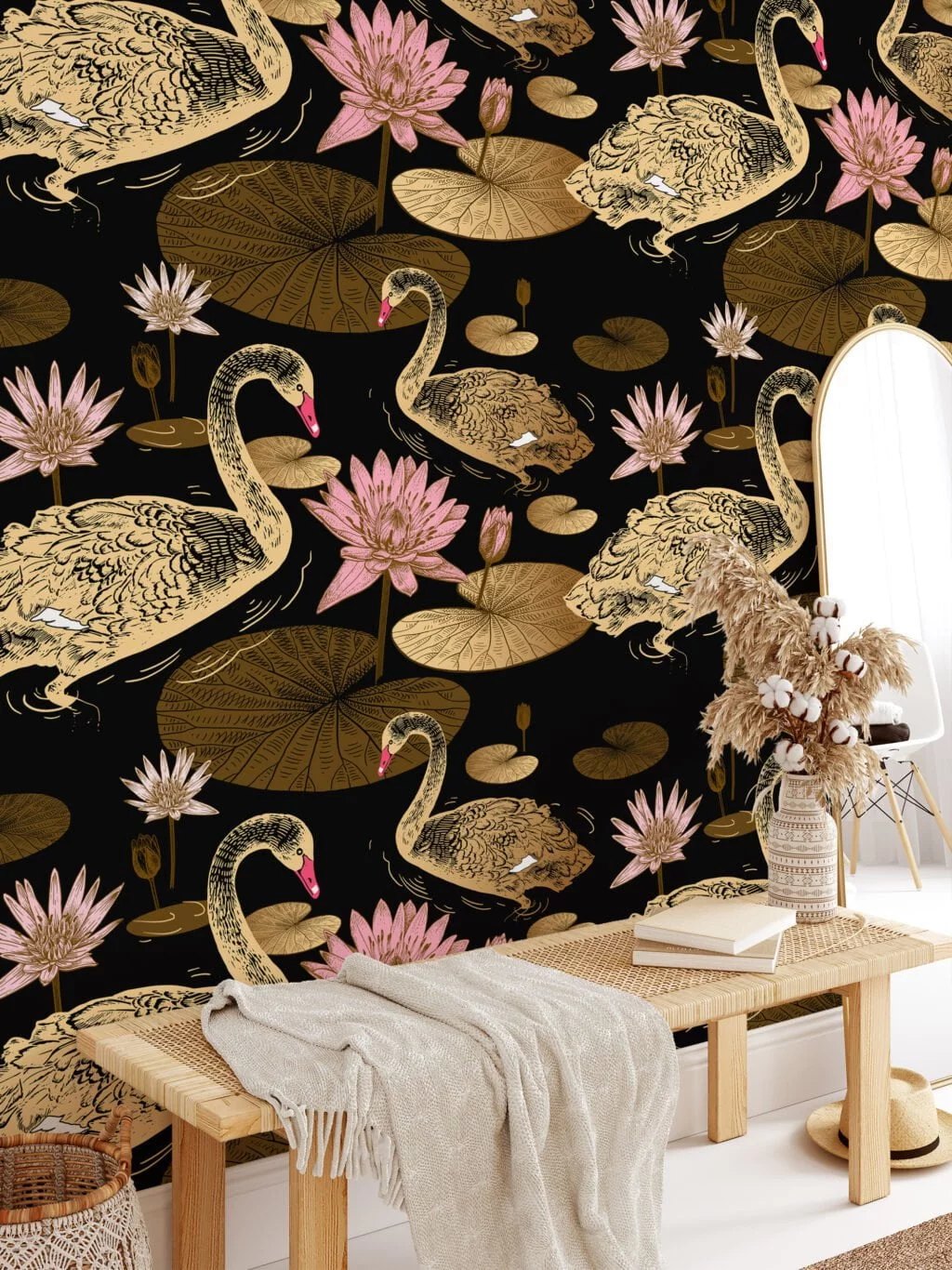 Large Gold Colored Lily Pads And Swans With A Dark Background Wallpaper, Vintage Black & Gold Elegance Peel & Stick Wall Mural