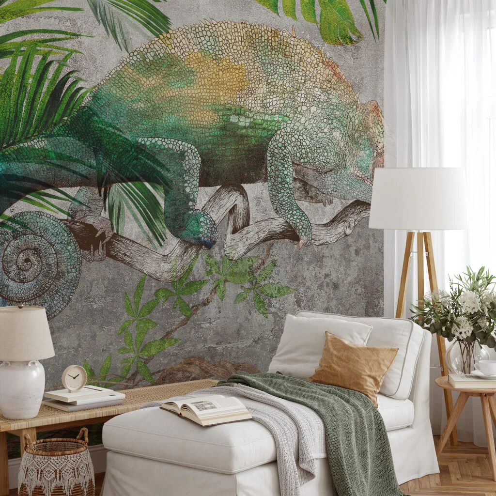 Chameleon On A Stone Foliage Illustration Wallpaper, Nature-Inspired Decor Peel & Stick Wall Mural