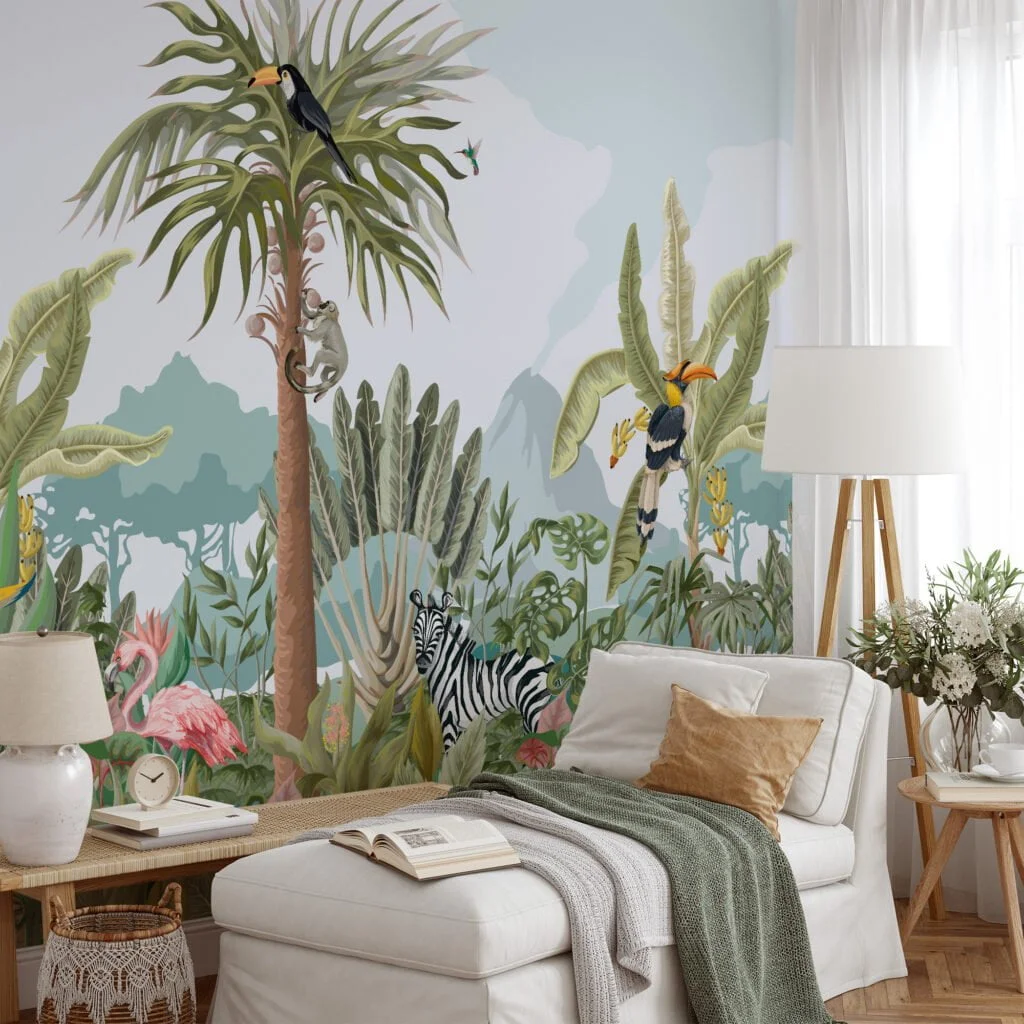 Jungle Illustration With Animals And Large Leaves Wallpaper, Tropical Rainforest Peel & Stick Wall Mural