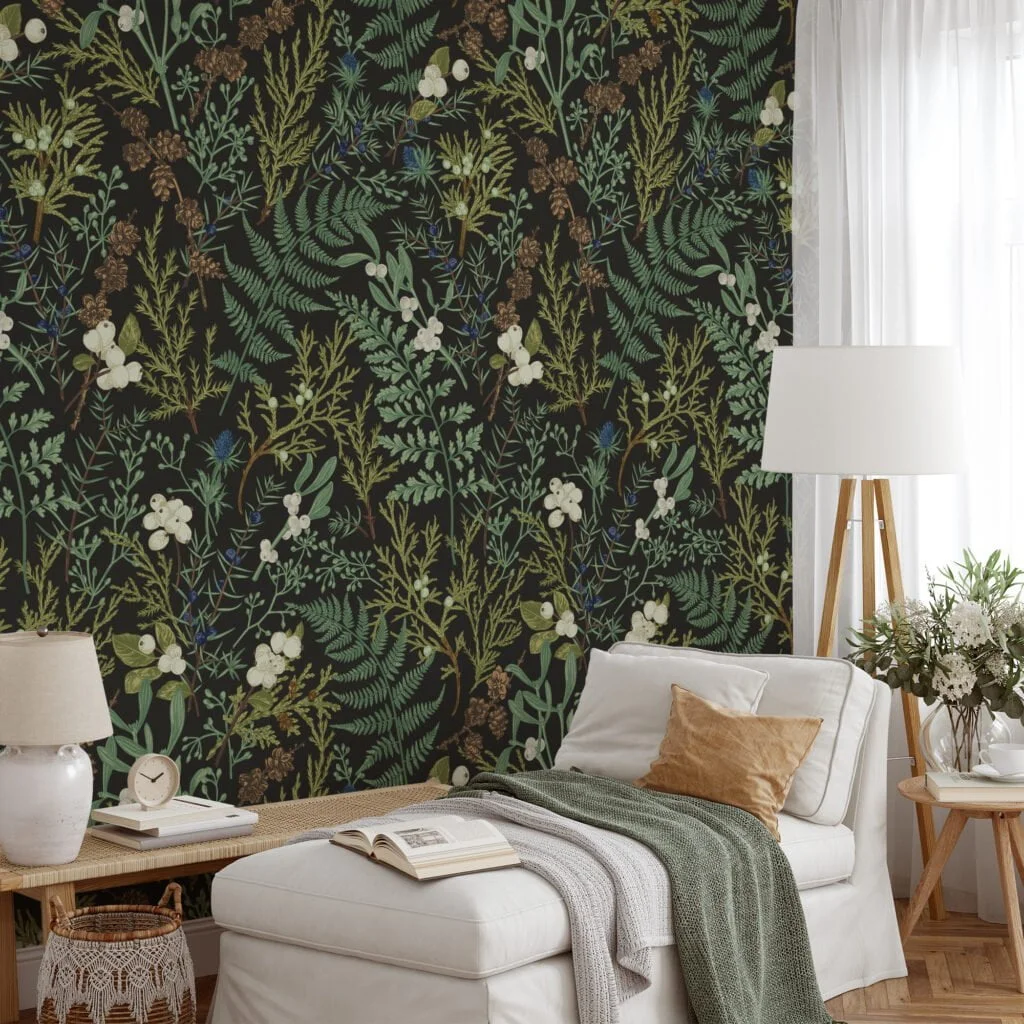 Vintage Style Plants And Leaves With Berries Wallpaper, Dark Botanical Peel & Stick Wall Mural