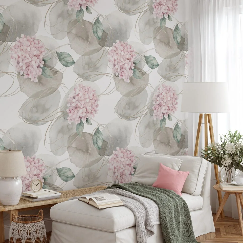 Watercolor Style Pink Flowers Illustration Wallpaper, Elegant Hydrangea Peel & Stick Wall Mural