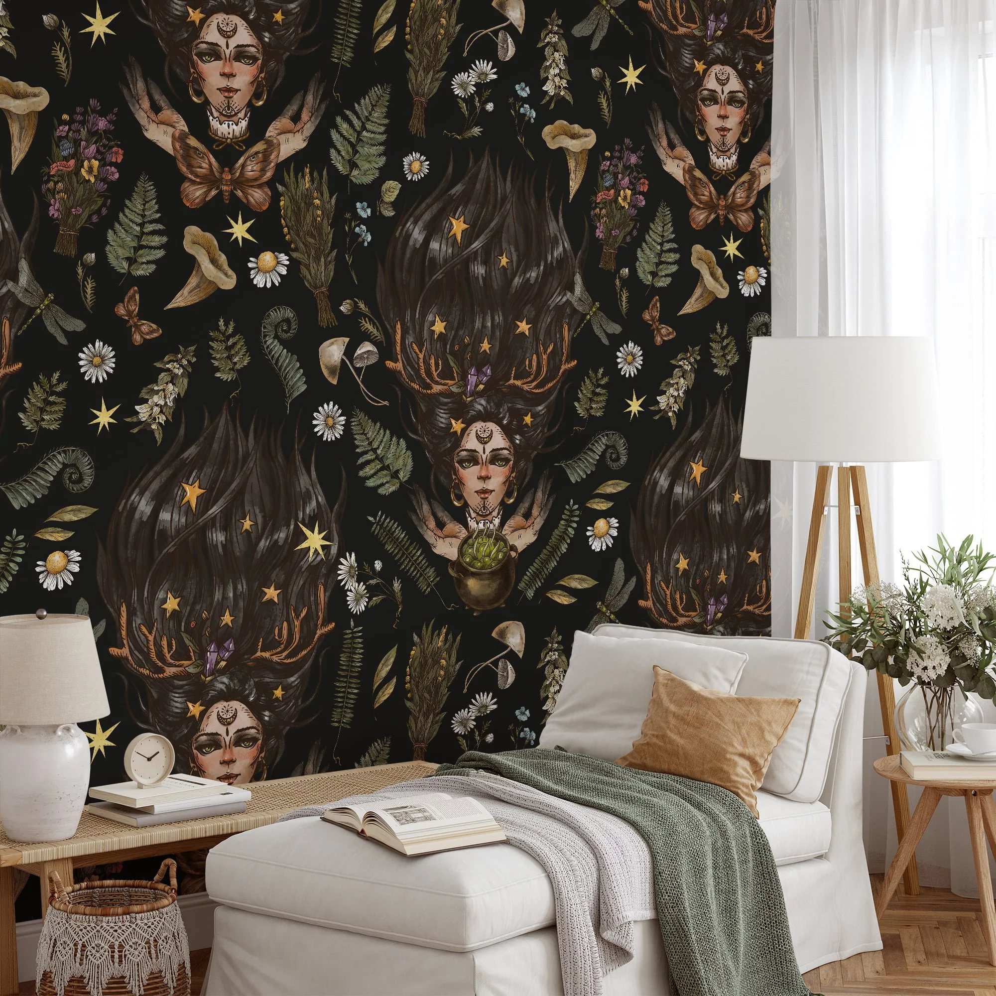 Mystical Wiccan Face Illustration On A Dark Background Wallpaper, Mystic Witch & Botanical Night Sky Peel & Stick Wall Mural