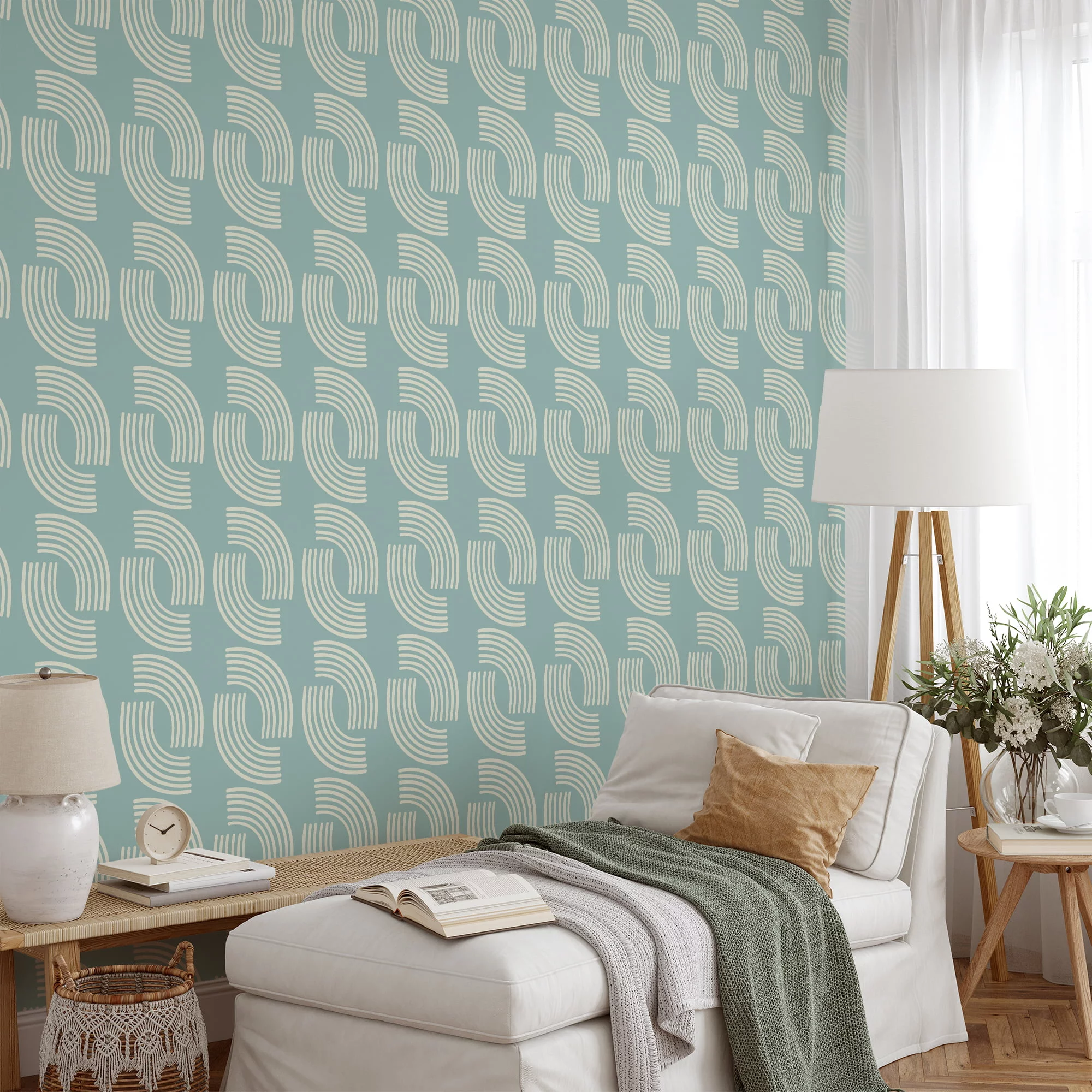 Pastel Mint Colored Minimalist Illustration, Chic Contemporary Line Art Peel & Stick Wall Mural