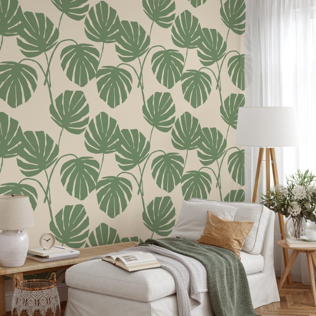 Abstract Green Monstera Leaves Illustration Wallpaper, Timeless Green Leaf Peel & Stick Wall Mural