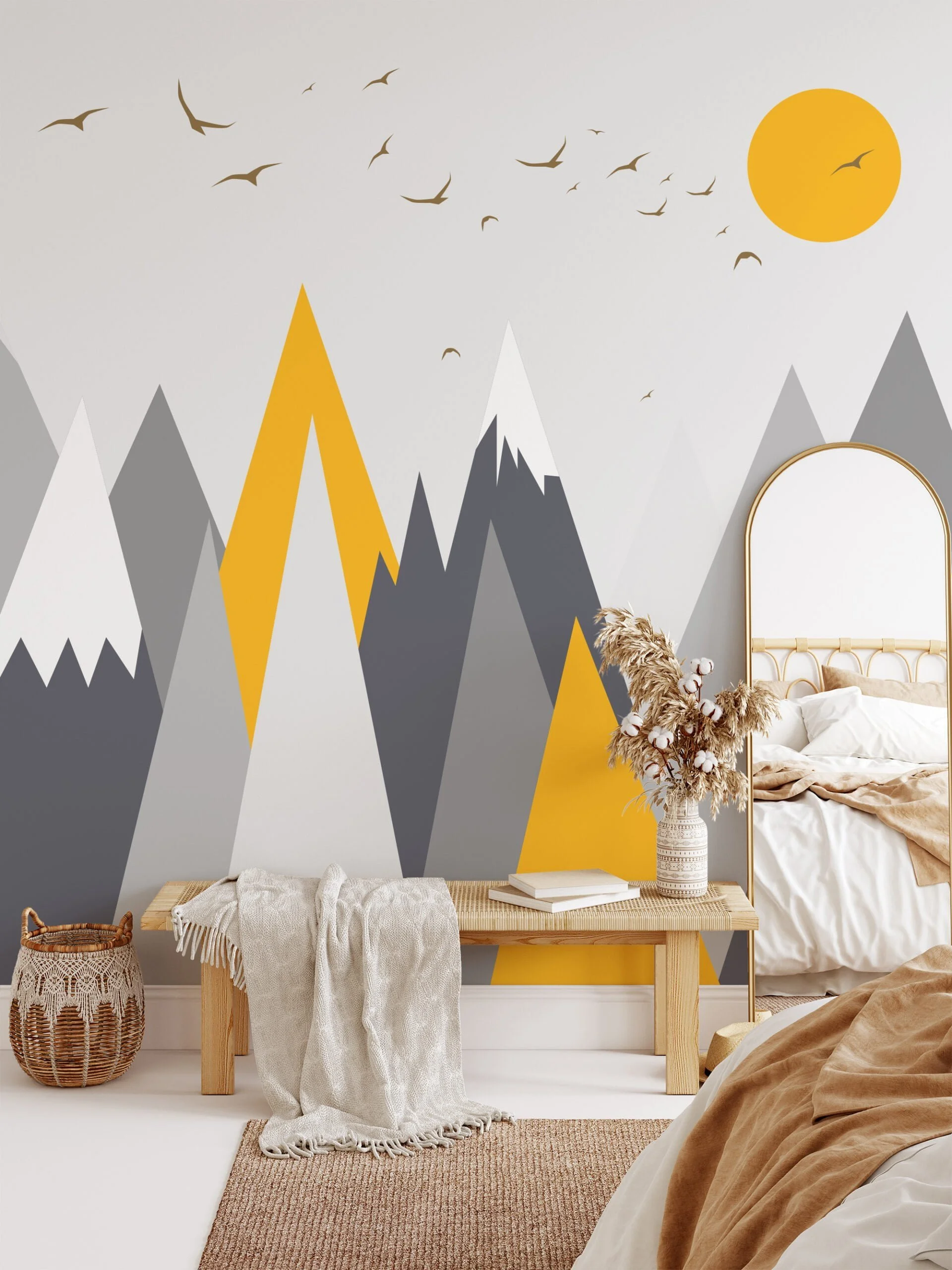 Minimalist Grey And Yellow Mountains Illustration Wallpaper, Modern Mountain Landscape Peel & Stick Wall Mural