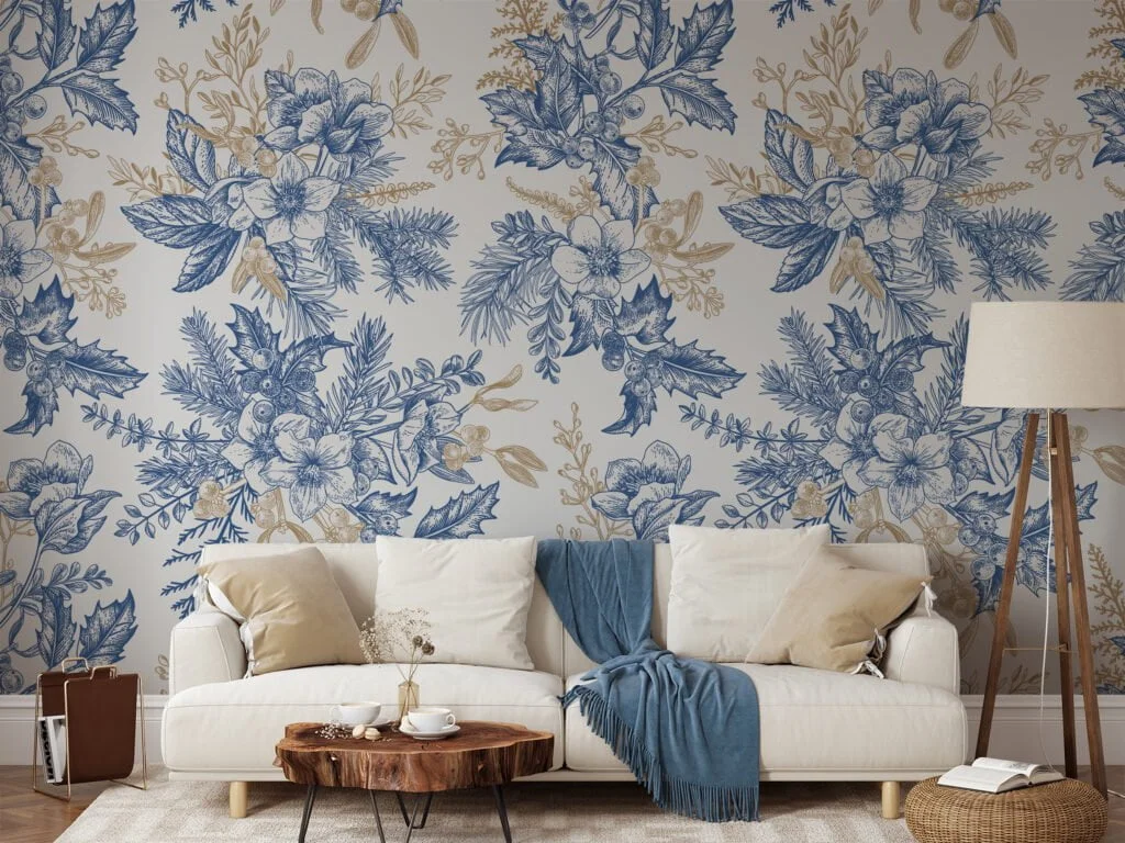 Vintage Blue And Beige Flowers And Berries Wallpaper, Art Deco Elegance Peel & Stick Wall Mural