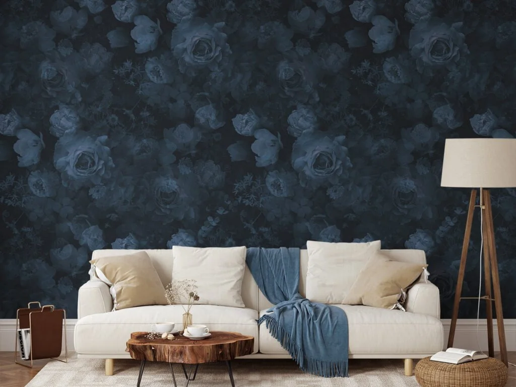 Dark Blue Flower And Roses Floral Pattern Illustration Wallpaper, Midnight Garden Peel & Stick Wall Mural