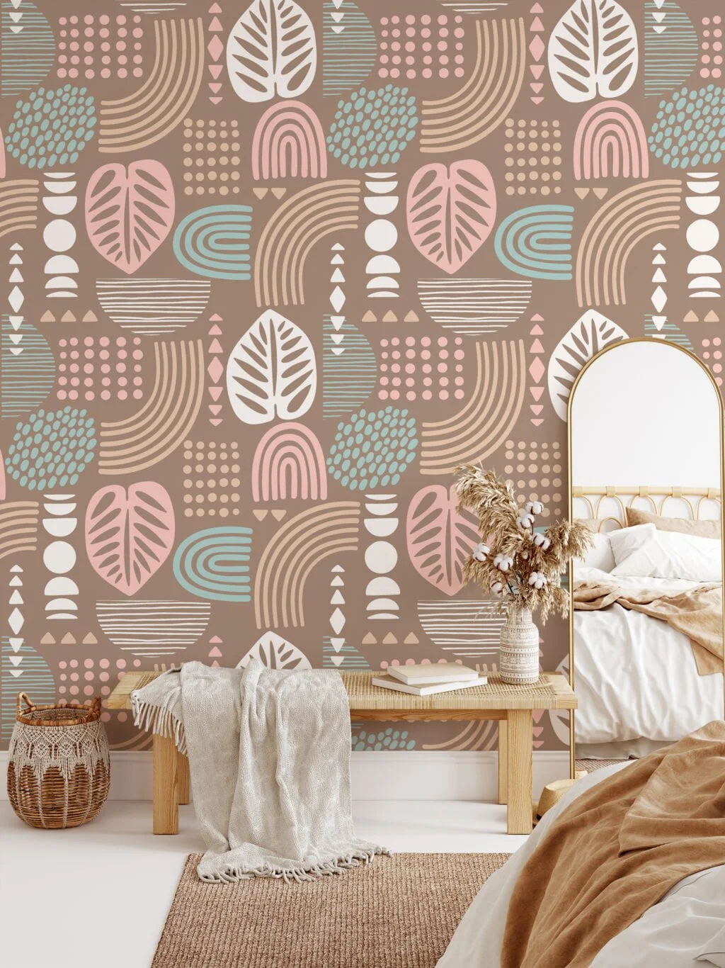 Pastel Colored Neutral Boho Illustration Wallpaper, Modern Geometric AbstractionPeel & Stick Wall Mural