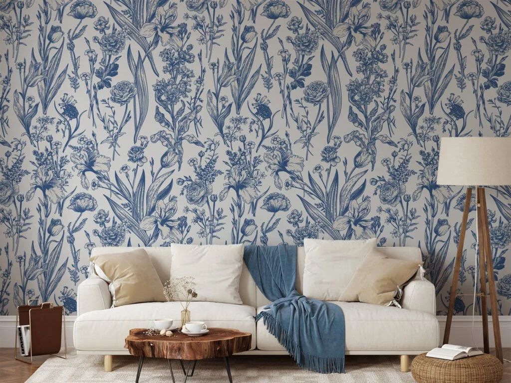 Vintage Dutch Style Blue Flowers And Leaves Wallpaper, Classic Blue Botanical Illustration Peel & Stick Wall Mural