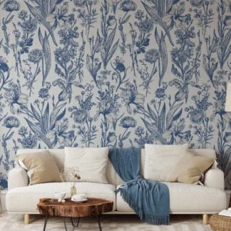 Vintage Dutch Style Blue Flowers And Leaves Wallpaper, Classic Blue Botanical Illustration Peel & Stick Wall Mural