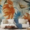 Large Tropical Orange Flowers With Blue Leaves Wallpaper, Vibrant Botanical Elegant Peel & Stick Wall Mural
