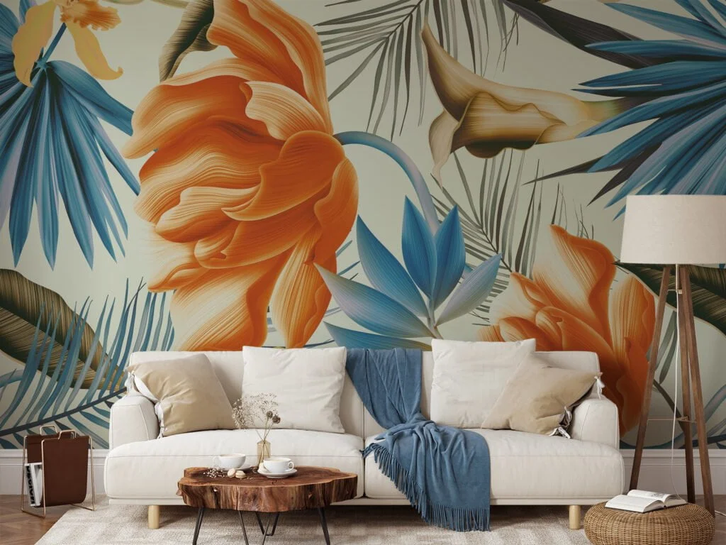 Large Tropical Orange Flowers With Blue Leaves Wallpaper, Vibrant Botanical Elegant Peel & Stick Wall Mural