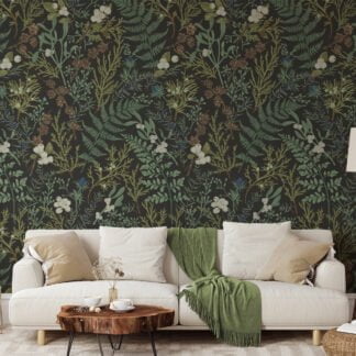 Vintage Style Plants And Leaves With Berries Wallpaper, Dark Botanical Peel & Stick Wall Mural