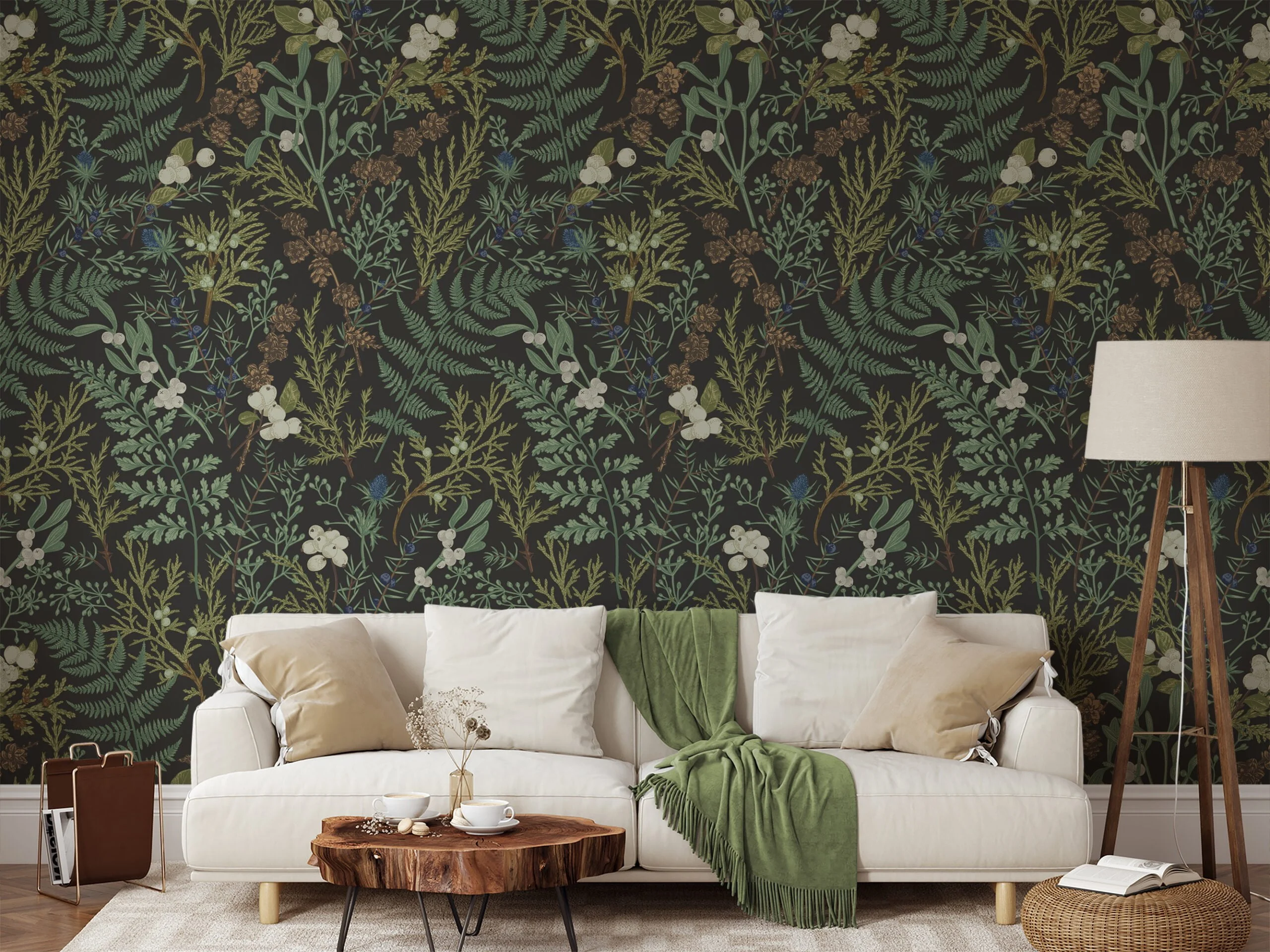 Vintage Style Plants And Leaves With Berries Wallpaper, Dark Botanical Peel & Stick Wall Mural