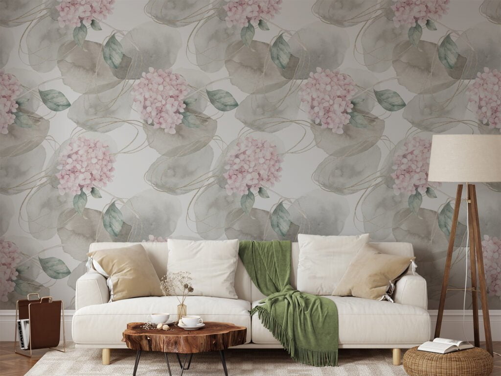 Watercolor Style Pink Flowers Illustration Wallpaper, Elegant Hydrangea Peel & Stick Wall Mural