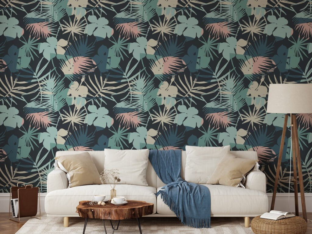 Abstract Retro Colored Tropical Illustration Wallpaper, Navy Night Botanical Peel & Stick Wall Mural