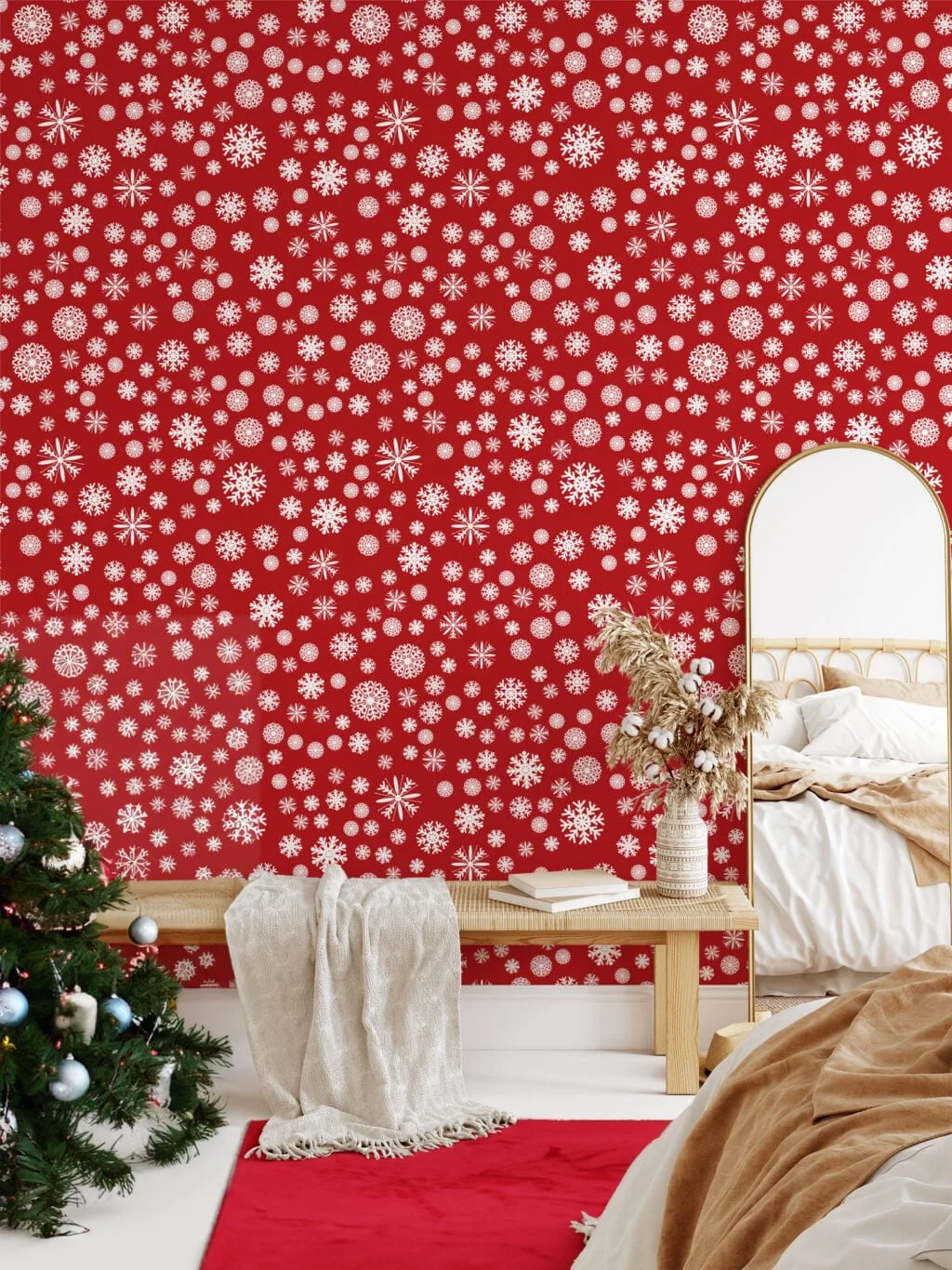 White Snowflakes On A Red Background Illustration Wallpaper, Cheerful Holiday-Inspired Peel & Stick Wall Mural