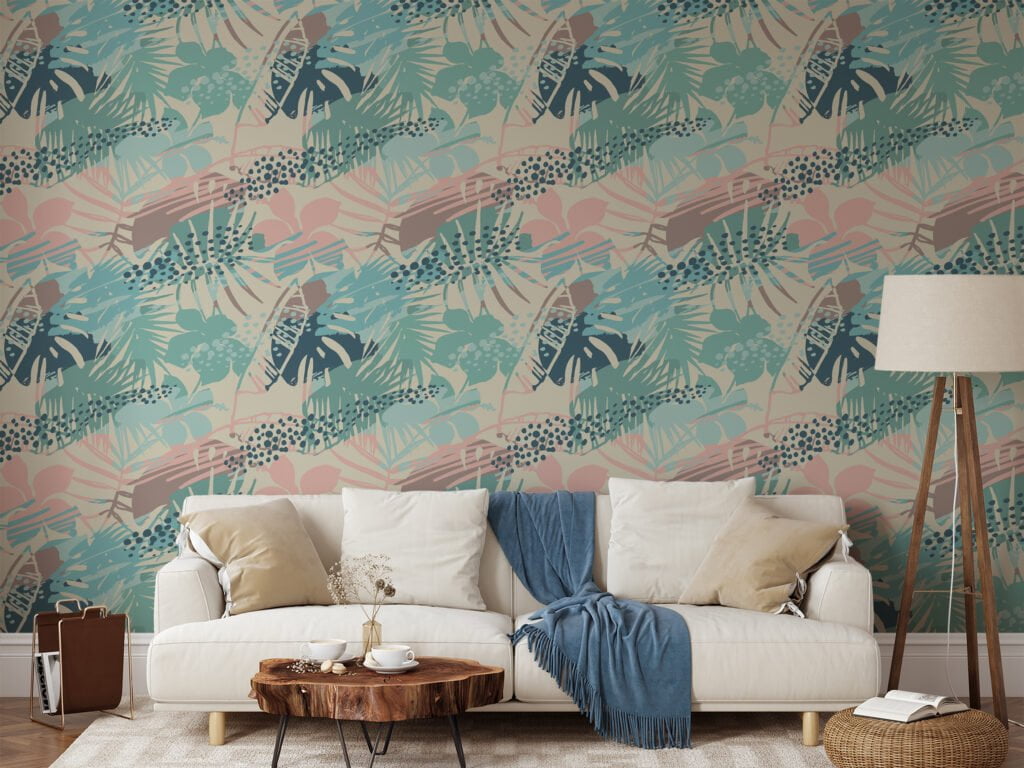 Summer Vibes Retro Colored Tropical Illustration Wallpaper, Soft Pastel Peel & Stick Wall Mural