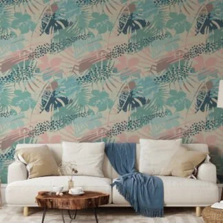 Summer Vibes Retro Colored Tropical Illustration Wallpaper, Soft Pastel Peel & Stick Wall Mural