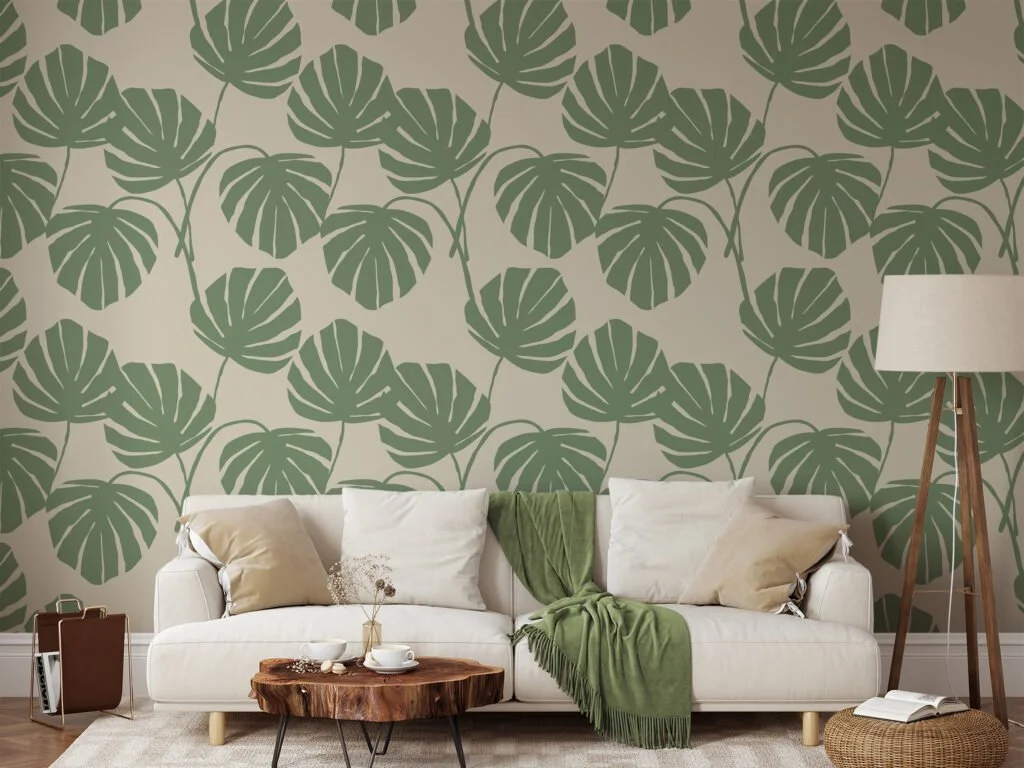 Abstract Green Monstera Leaves Illustration Wallpaper, Timeless Green Leaf Peel & Stick Wall Mural