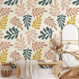 Abstract Boho Shaped Leaves Pattern Illustration Wallpaper, Soothing Leaf Pattern Peel & Stick Wall Mural