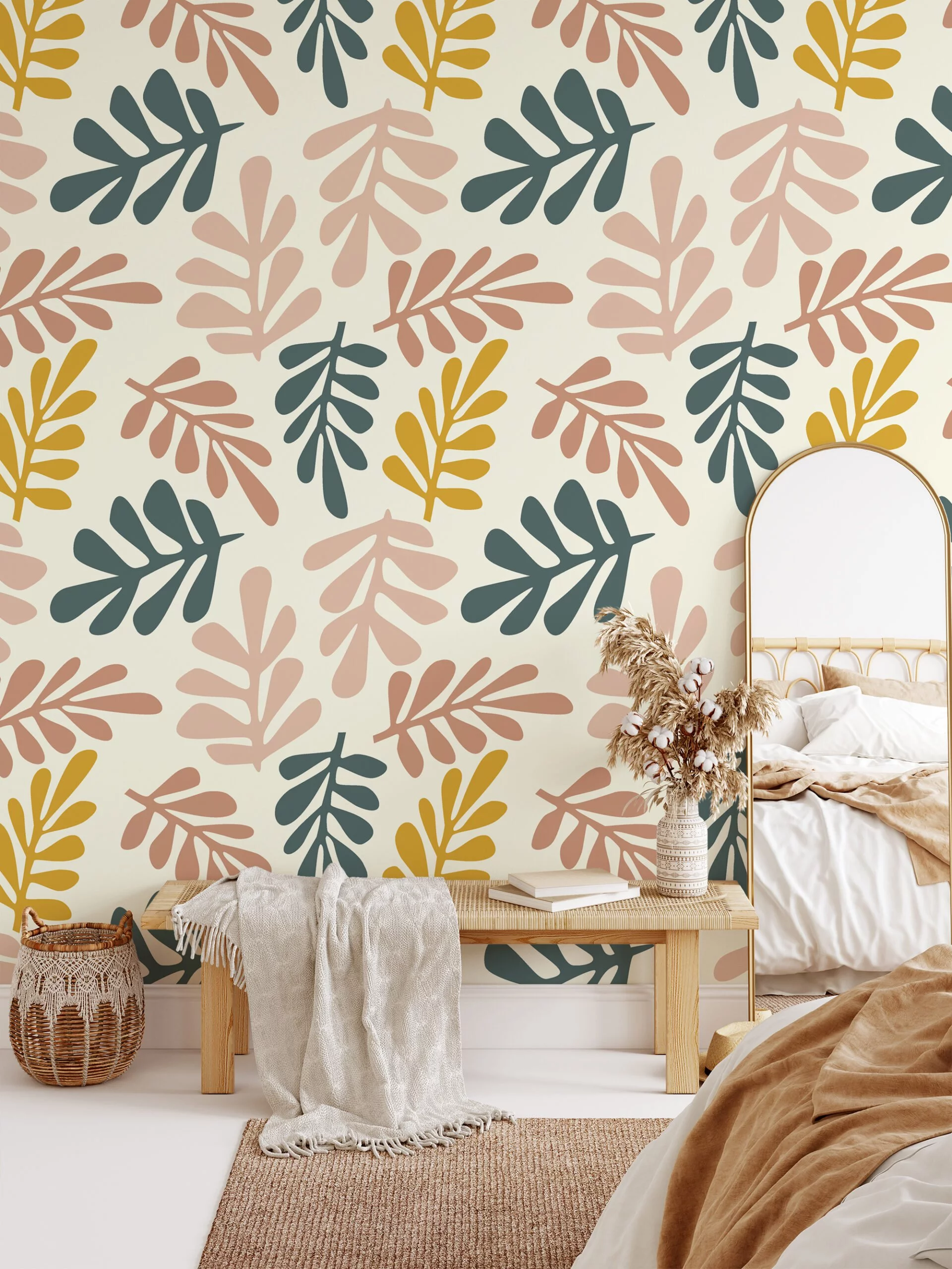 Abstract Boho Shaped Leaves Pattern Illustration Wallpaper, Soothing Leaf Pattern Peel & Stick Wall Mural