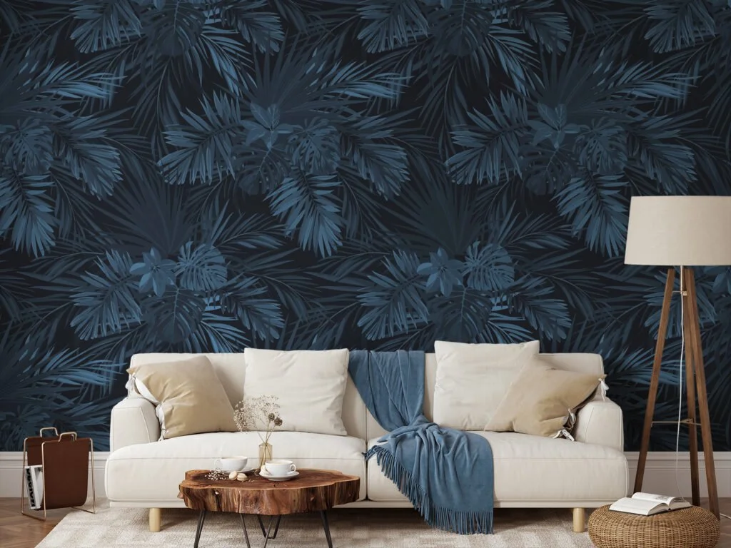 Midnight Blue Tropical Leaves Illustration Wallpaper, Luxury Dark Peel & Stick Wall Mural