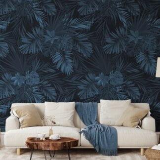 Midnight Blue Tropical Leaves Illustration Wallpaper, Luxury Dark Peel & Stick Wall Mural