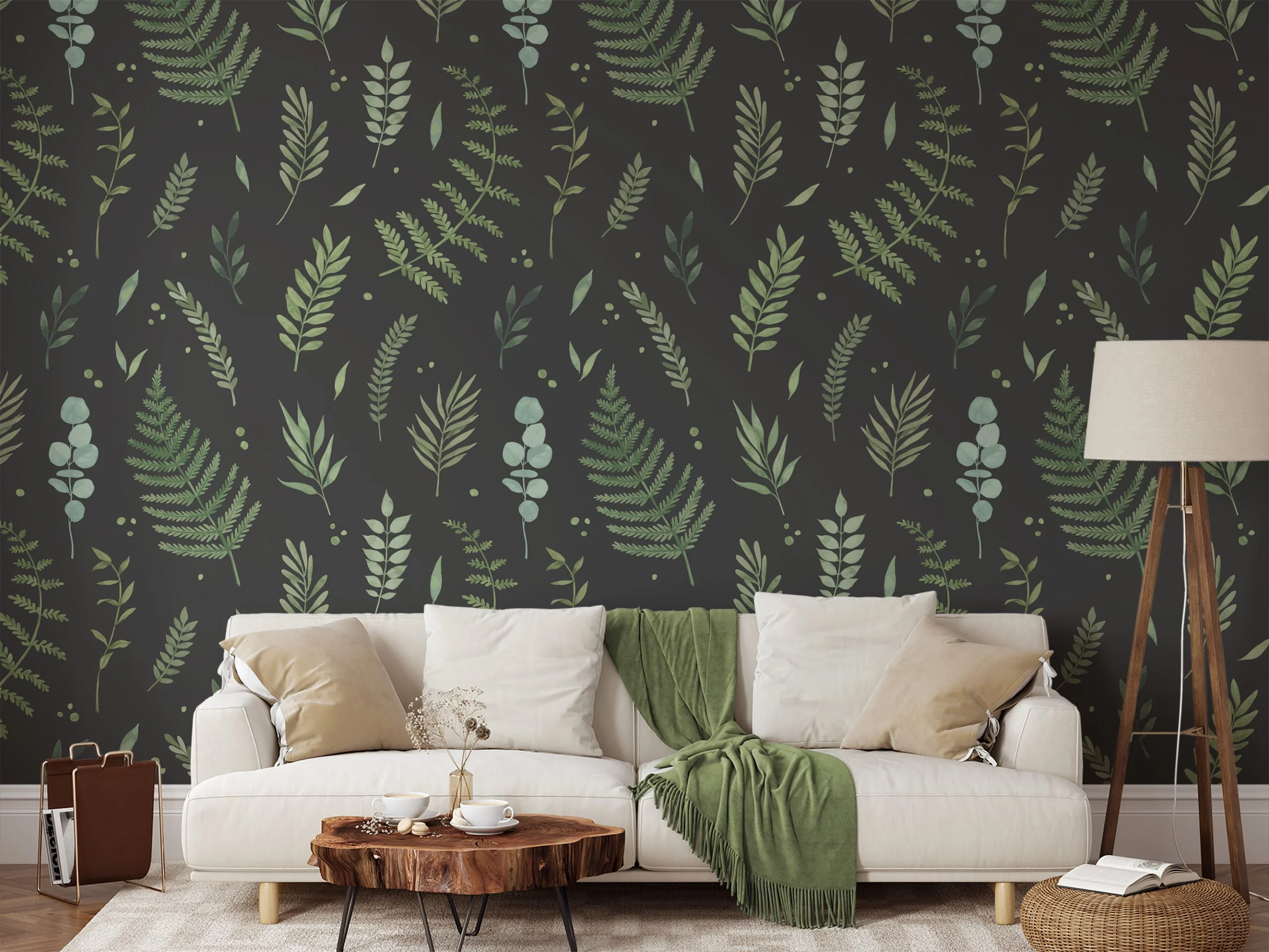 Green Leaves And Branches With A Dark Background Wallpaper, Nighttime Botanicals Peel & Stick Wall Mural