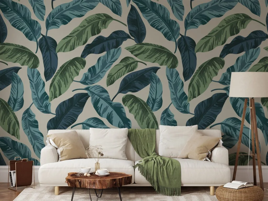 Large Green And Blue Leaves Wallpaper, Nature-Inspired Peel & Stick Wall Mural