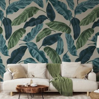 Large Green And Blue Leaves Wallpaper, Nature-Inspired Peel & Stick Wall Mural