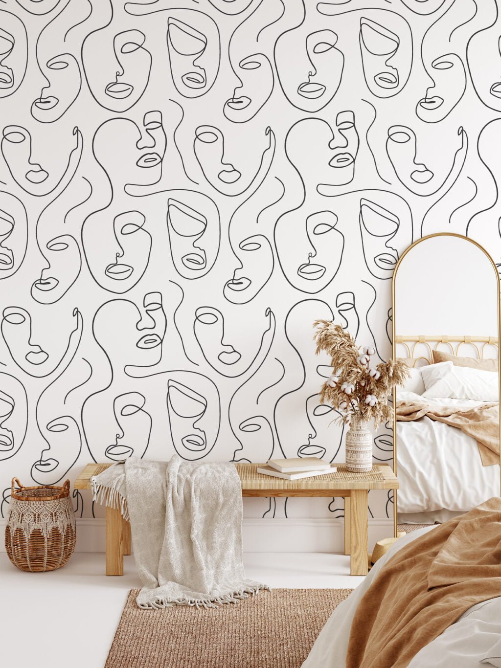 Abstract Human Faces Line Art Pattern Illustration Wallpaper, Minimalist Abstract Faces Peel & Stick Wall Mural