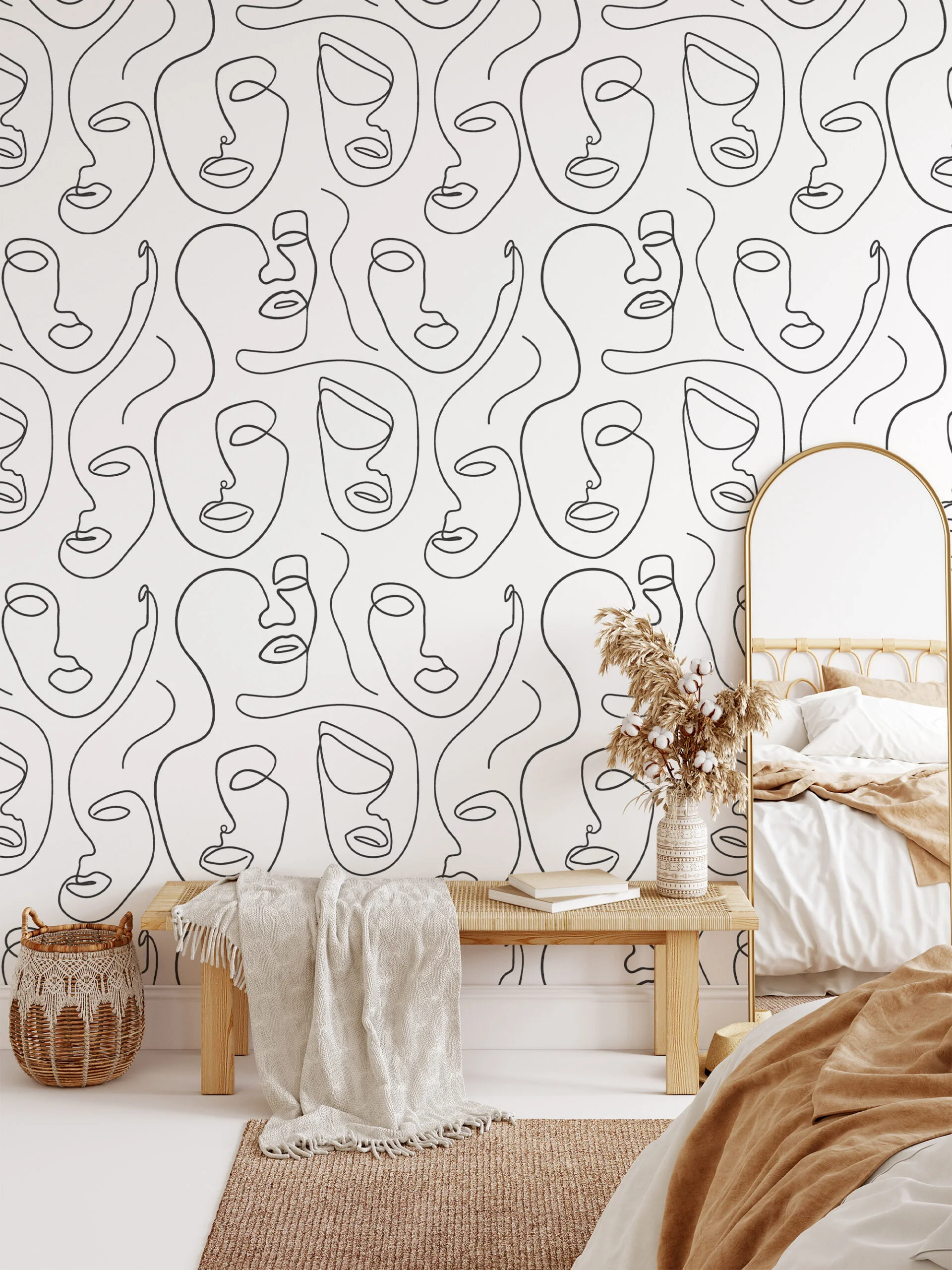 Abstract Human Faces Line Art Pattern Illustration Wallpaper, Minimalist Abstract Faces Peel & Stick Wall Mural