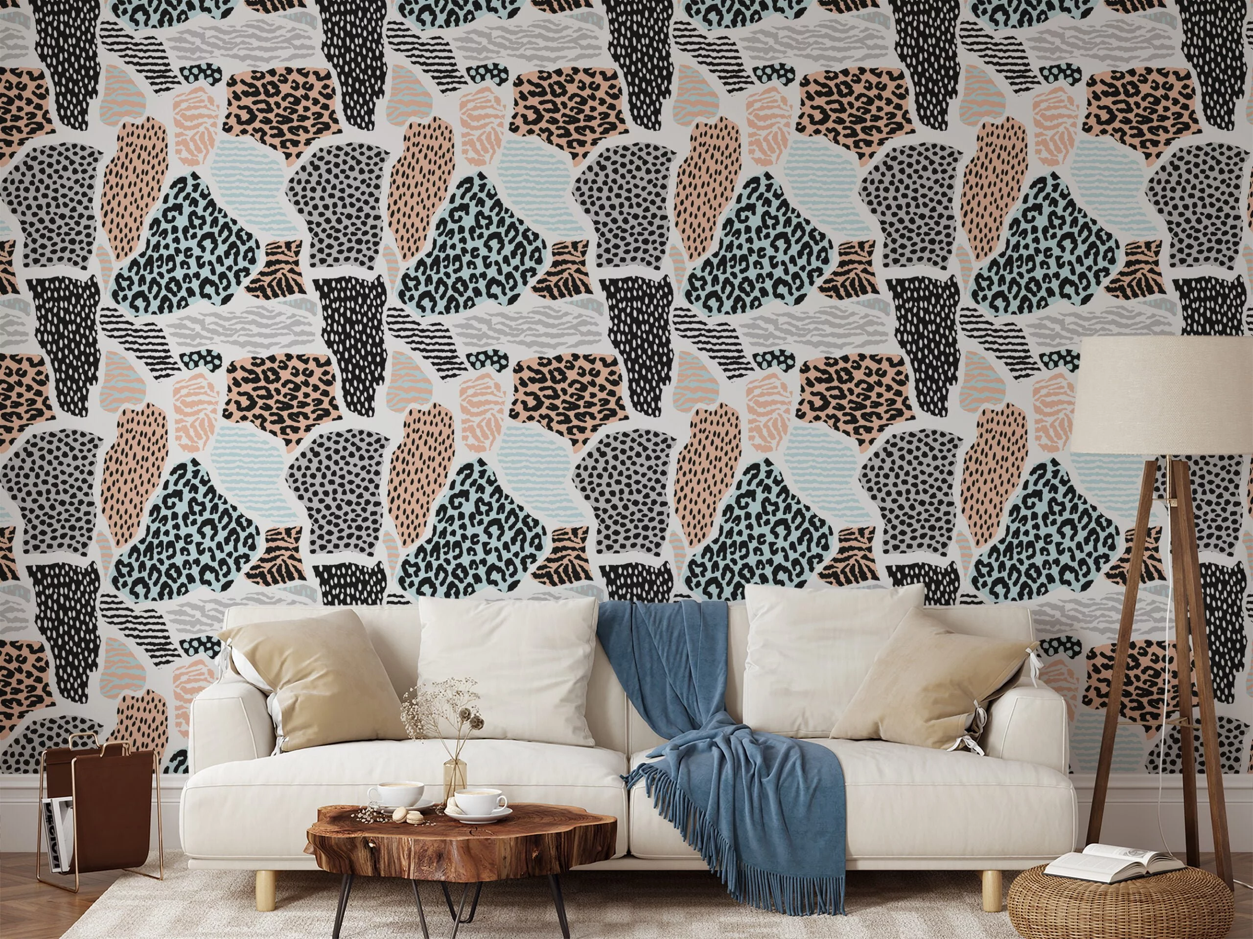 Abstract Leopard Print Illustration Wallpaper, Animal Monochrome & Brown Wall Design Peel & Stick Wall Mural