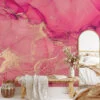 Pink Rose Gold Marble Ink Art Wallpaper, Luxe Pink And Gold Peel & Stick Wall Mural