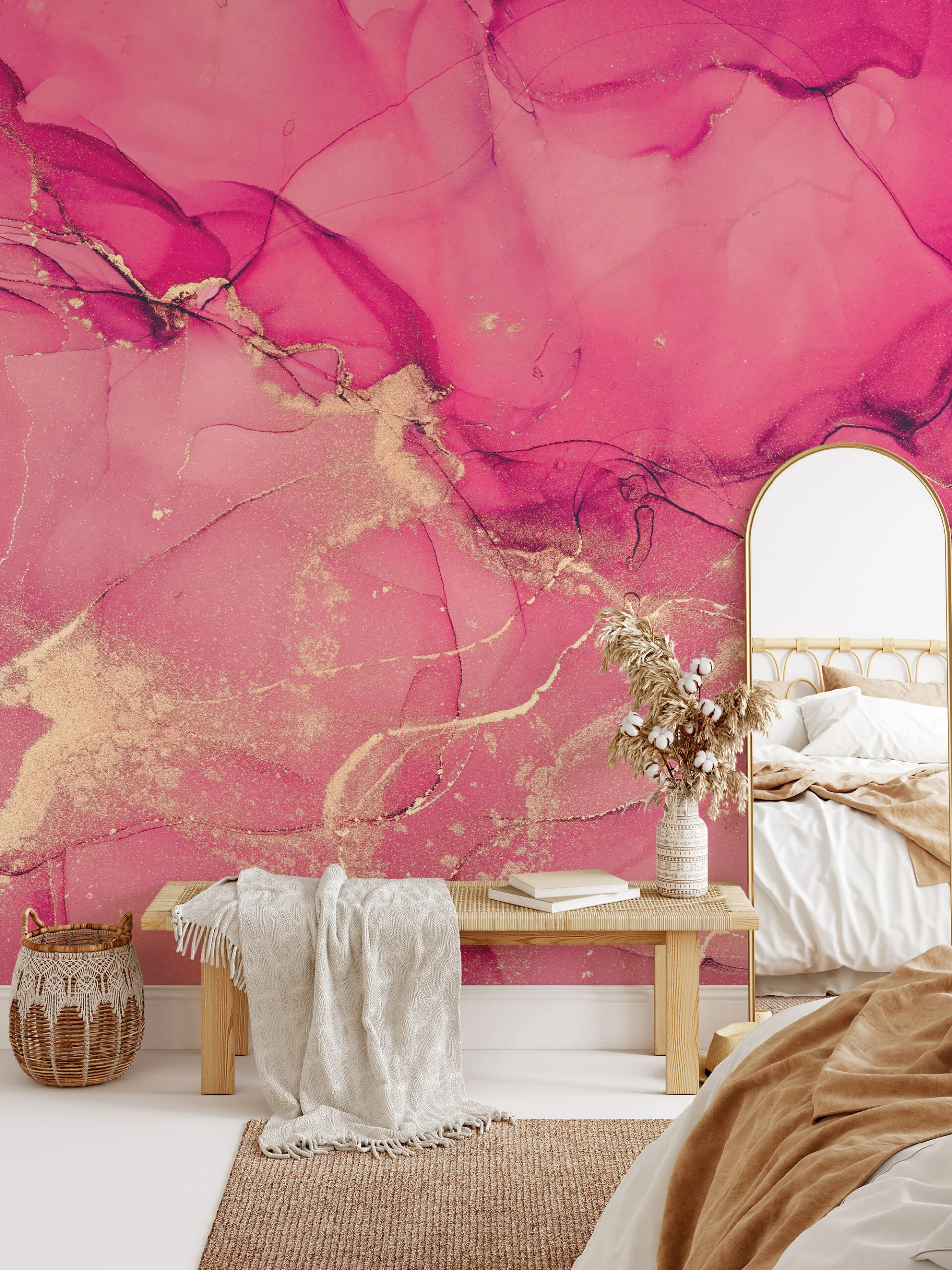 Pink Rose Gold Marble Ink Art Wallpaper, Luxe Pink And Gold Peel & Stick Wall Mural